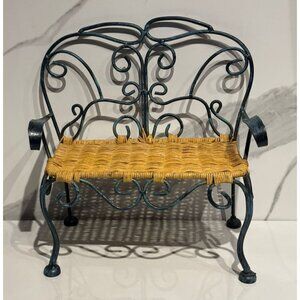 Vintage Metal Wicker Doll Bench Black Scroll Miniature Chair 12" Shabby Chic